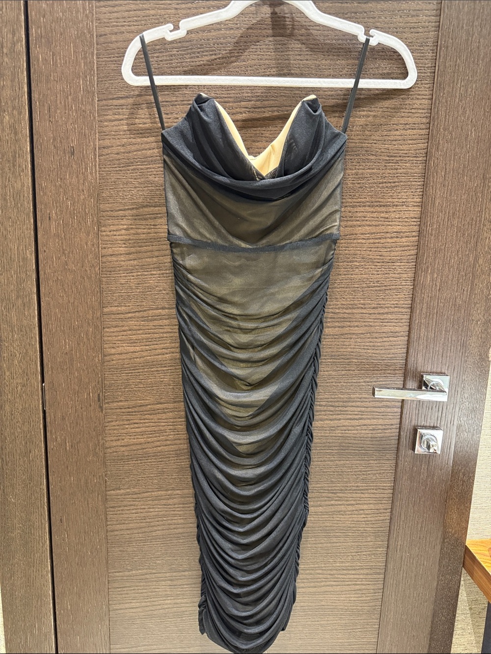 Black Ruched Slip Dress with Cowl Neck